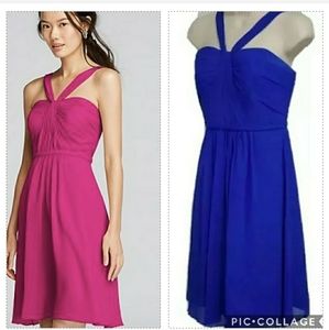 Y-Neck Ruched Bodice Chiffon Cocktail Short Dress